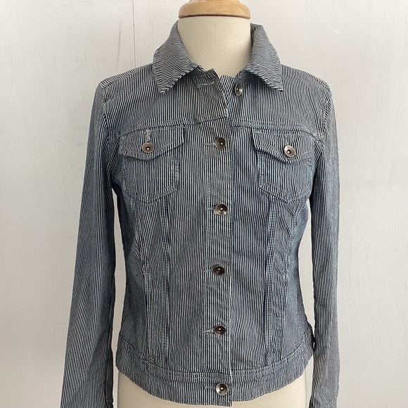 BACCINI  vintage Denim Cotton Stretch Engineer Striped JEAN JACKET size Medium - Picture 2 of 8